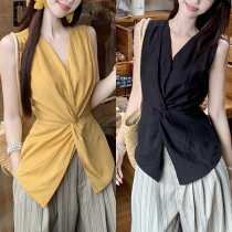 Sexy Stand Collar V-neck Sleeveless Shirt