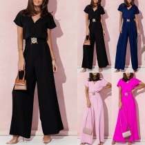 Fashion V-neck Short Sleeve Wide-leg Jumpsuit with belt