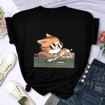 Casual Crew Neck Cap Sleeve Cat Printed Shirt