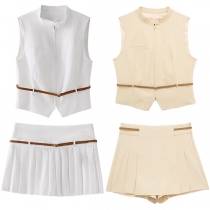 Fashion Two-piece Set Consist of Sleeveless Vest and Pleated Skort with Belt