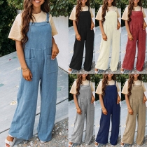 Casual Square Neck Patch Pockets Straight-cut Suspender Jumpsuit