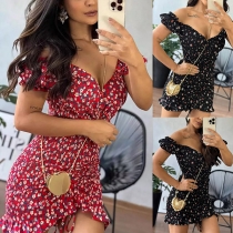 Fashion Floral Printed Sweetheart Neckline Short Sleeve Front Drawstring Mini Dress