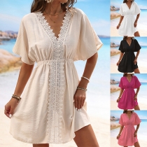 Casual Lace Spliced V-neck Short Sleeve Swimming Cover-up Dress
