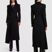 Elegant Notch Lapel Long Sleeve Double Breasted Irregular Hemline Coat