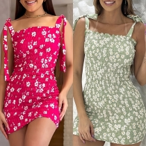 Fashion Floral Printed Square Neck Self-tie Shoulder Strap Smocked Bodycon Dress