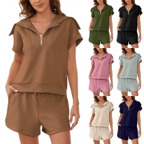 Casual Comfortable Casual Lounge Set - Hooded Sweatshirt and Drawstring Shorts