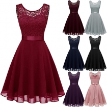 Elegant Lace Spliced Chiffon Crew Neck Sleeveless Mini Dress