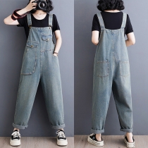 Fashion Patch Pockets Old-washed Denim Loose Suspender Jumpsuit