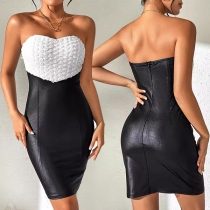 Sexy Contrat Color 3D Floral Spliced Artificial Leather PU Strapless Bodycon Dress