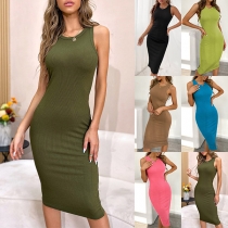 Casual Crew Neck Sleeveless Ribbed Bodycon Dress