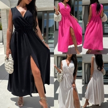 Fashion Solid Color V-neck Sleeveless High-rise Slit Midi Dress
