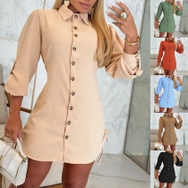 Fashion Stand Collar Button-tab Sleeves Side Drawstring Shirt Dress