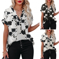 Vintage Floral Printed V-neck Short Sleeve Shirt