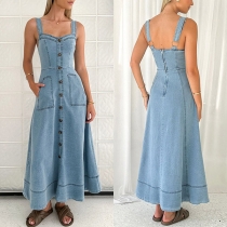 Fashion Sweetheart Neckline Patch Pockets Front Button Backless Old-washed Denim Dress