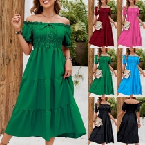 Fashion Off-the-shoulder Smocked Bodice Short Sleeve Tiered Dress