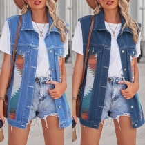 Vintage Stand Collar Sleeveless Geometric Printed Spliced Denim Vest