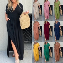 Casual Solid Color V-neck Batwing Sleeve High-rise Slit Dress