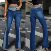 Fashion Contrast Color High-rise Flare Old-washed Denim Jeans