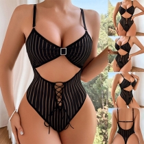 Sexy Semi-through Stripe Lace-up Two-piece Lingerie Set