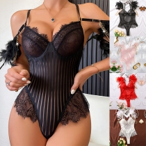 Fashion Vertical Stripe Pattern Gauze Spliced Lace Feather Spliced Lingerie Bodysuit