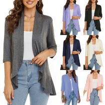 Casual Solid Color Elbow Sleeve Ruffle Hemline Cardigan