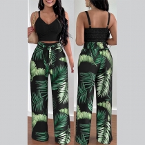 Fashion Two-piece Set Consist of Smocked Crop Top and Straight-cut Pants