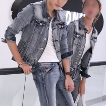 Fashion Unisex Old-washed Two-piece Denim Set  Consist of Jacket and Jeans