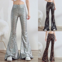 Retro Metallic Fish Scale Snake Print High-rise Flared Pants