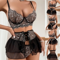 Sexy Floral Embroidery Three-piece Lingerie Set