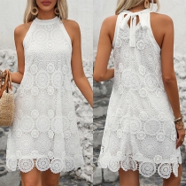 Fashion Halterneck Sleeveless Floral Jacquard White Lace Dress