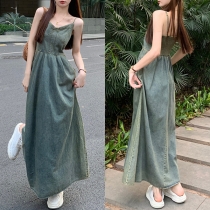 Fashion V-neck Smocked Backless Old-washed Cami Denim Dress