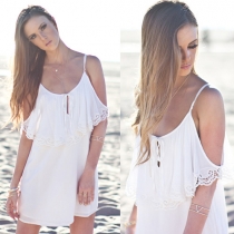 Sexy Bare Shoulder Bell Sleeves Front Cut Flounced Lace Trimmed Cami Dress
