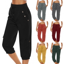 Casual Drawstring High-rise Multi Pockets Capri Shorts