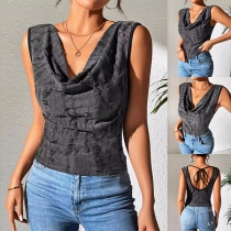 Street Fashion Distressed Draped Neck Sleeveless Backless Shirt