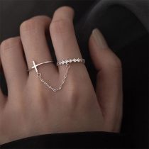 Fashion Rhinestone Open Duo-Ring with Crystals Geometric and Cross Chain