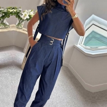 Street Fashion Two-piece Set Consist of Turtleneck Crop Top and Pants with Belt