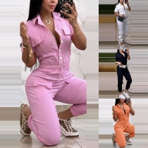 Fashion Stand Collar Short Sleeve Front Button Drawstring Waist Patch Pockets Jumpsuit