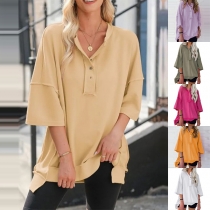 Casual Loose Sweatshirt with V neck and Elbow Sleeves
