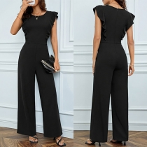 Elegant Crew Neck Ruffle Sleeveless Straight-cut Jumpsuit