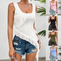 Fashion Square Neck Ruffle Irregular Hemline Backless Shirt