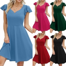 Fashion Solid Color V-neck Ruffle Cap Sleeve Mini Dress