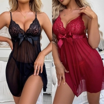 Sexy V-neck Bowknot Lace Spliced Gauze Nightwear Dress