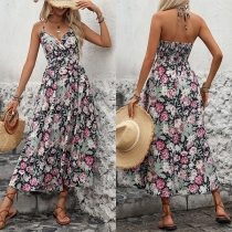 Fashion Floral Printed Halterneck V-neck High-rise Midi Dress