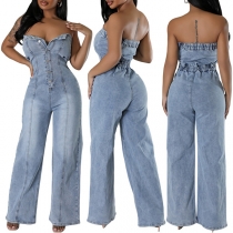 Sexy Strapless Button Straight-cut Old-washed Denim Jumpsuit