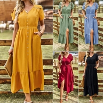 Fashion Solid Color V-neck Short Sleeve Button Slit Midi Dress