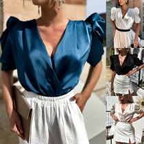 Fashion V-neck Puff Short Sleeve Shirt