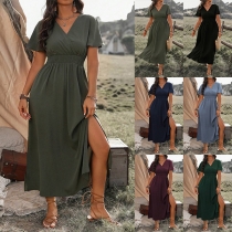 Fashion Solid Color V-neck Short Sleeve Elastic Waist Midi Dress