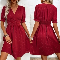 Fashion Dot Printed V-neck Short Sleeve High-waist Mini Dress