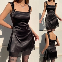 Sexy Square Neck Backless Gauze Spliced Mini Dress