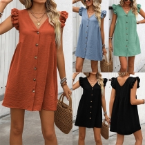 Casual Button V-neck Ruffle Cap Sleeve Mini Dress